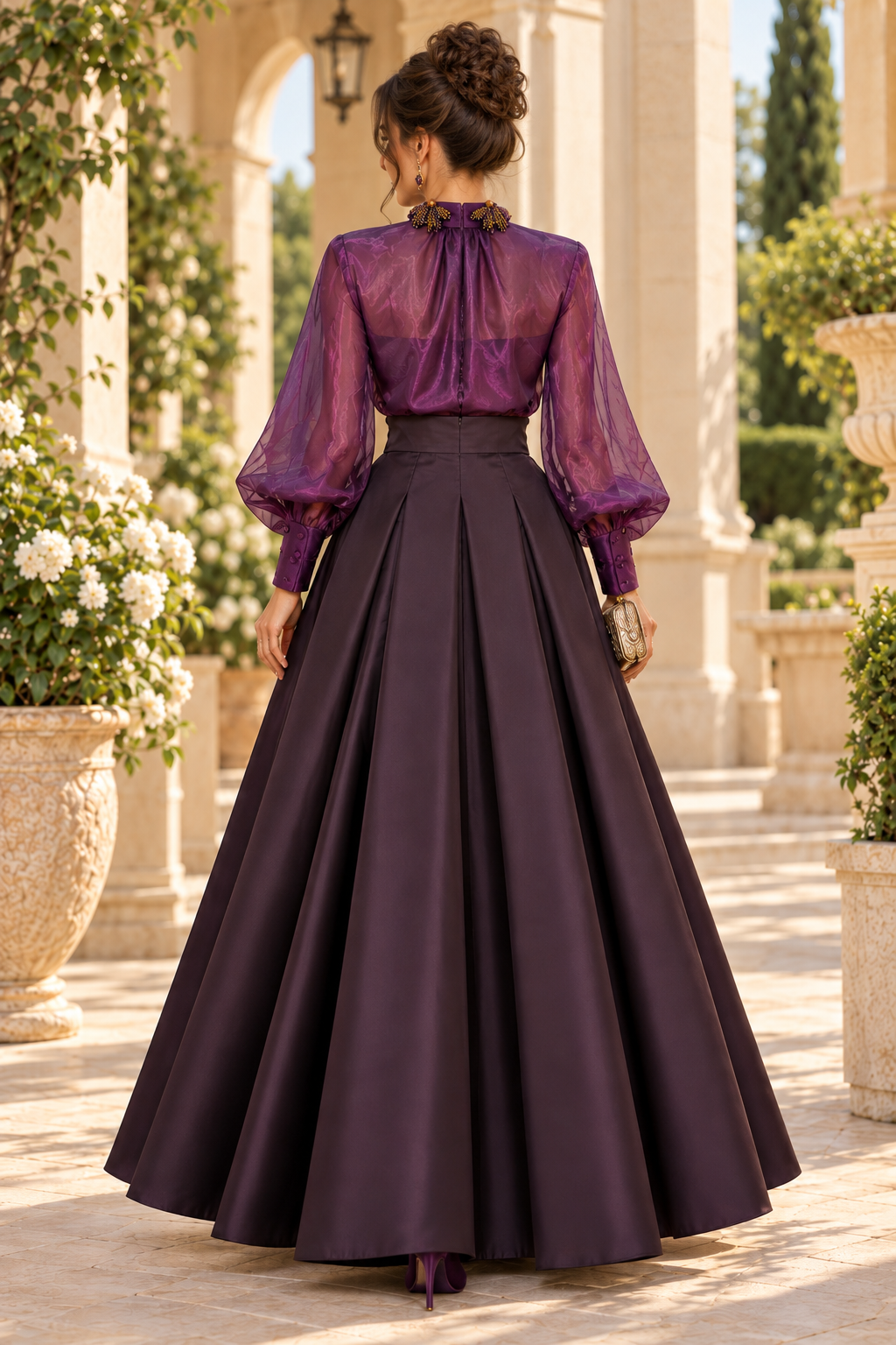 Ruffled High Neck Blouse & Pleated Ball Gown Skirt Set
