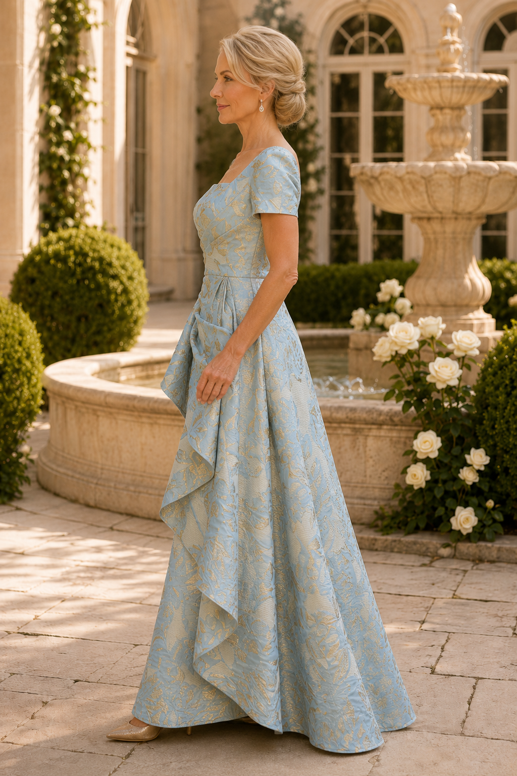 Vestido de jacquard con volantes en cascada, manga corta y corte en A