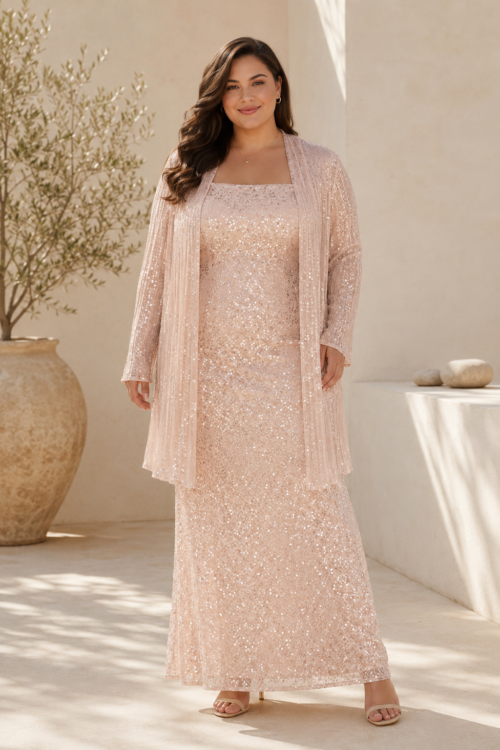 Vestido largo de lentejuelas de talla grande con chaqueta a juego