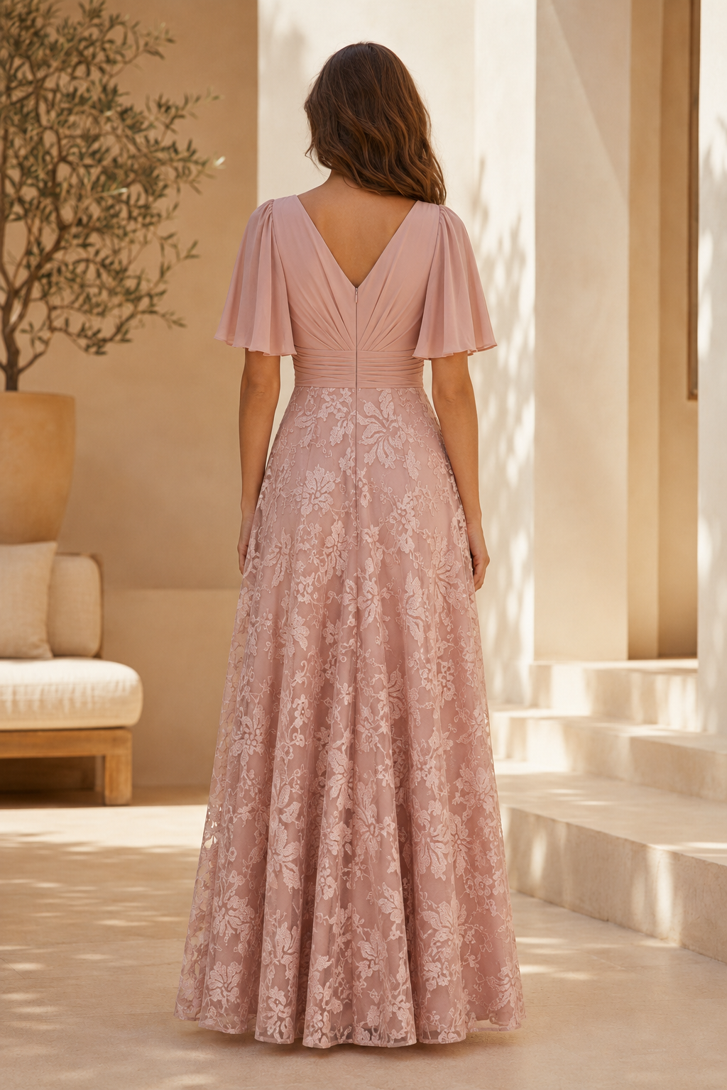 Vestido maxi de encaje con mangas de volantes y corpiño plisado