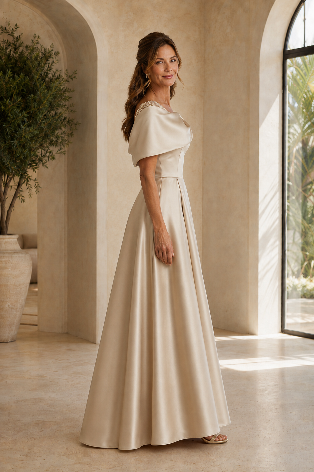 Vestido de raso corte A con capelina de cuentas