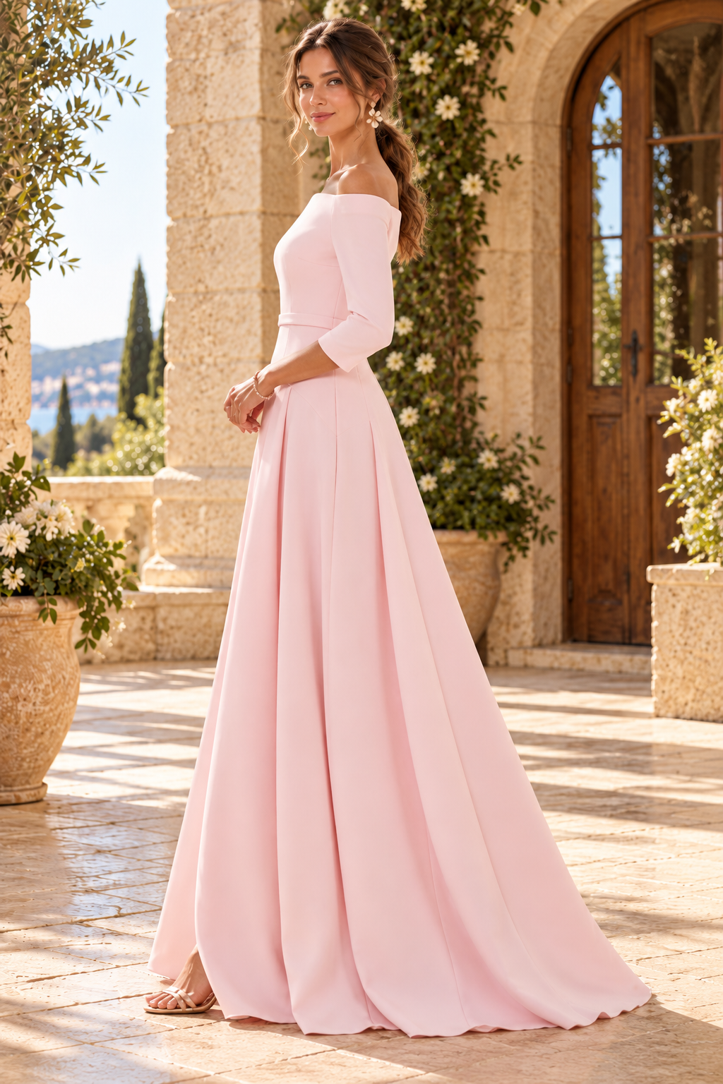 Off-the-Shoulder A-Line Gown with 3/4 Sleeves