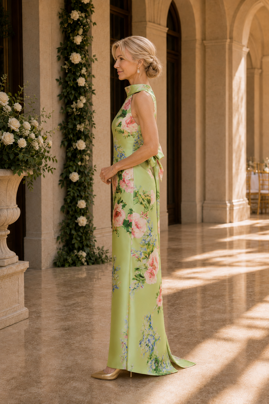 Vestido largo de cuello alto con estampado floral y lazo