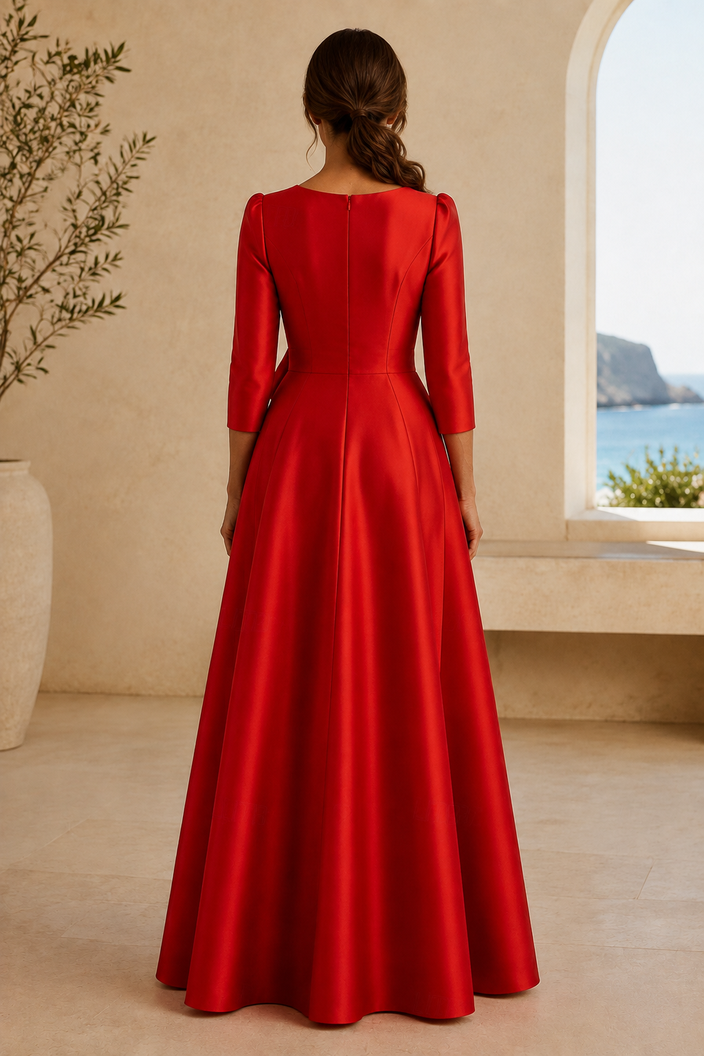 Vestido de noche de satén con corte en A y lazo en la cintura