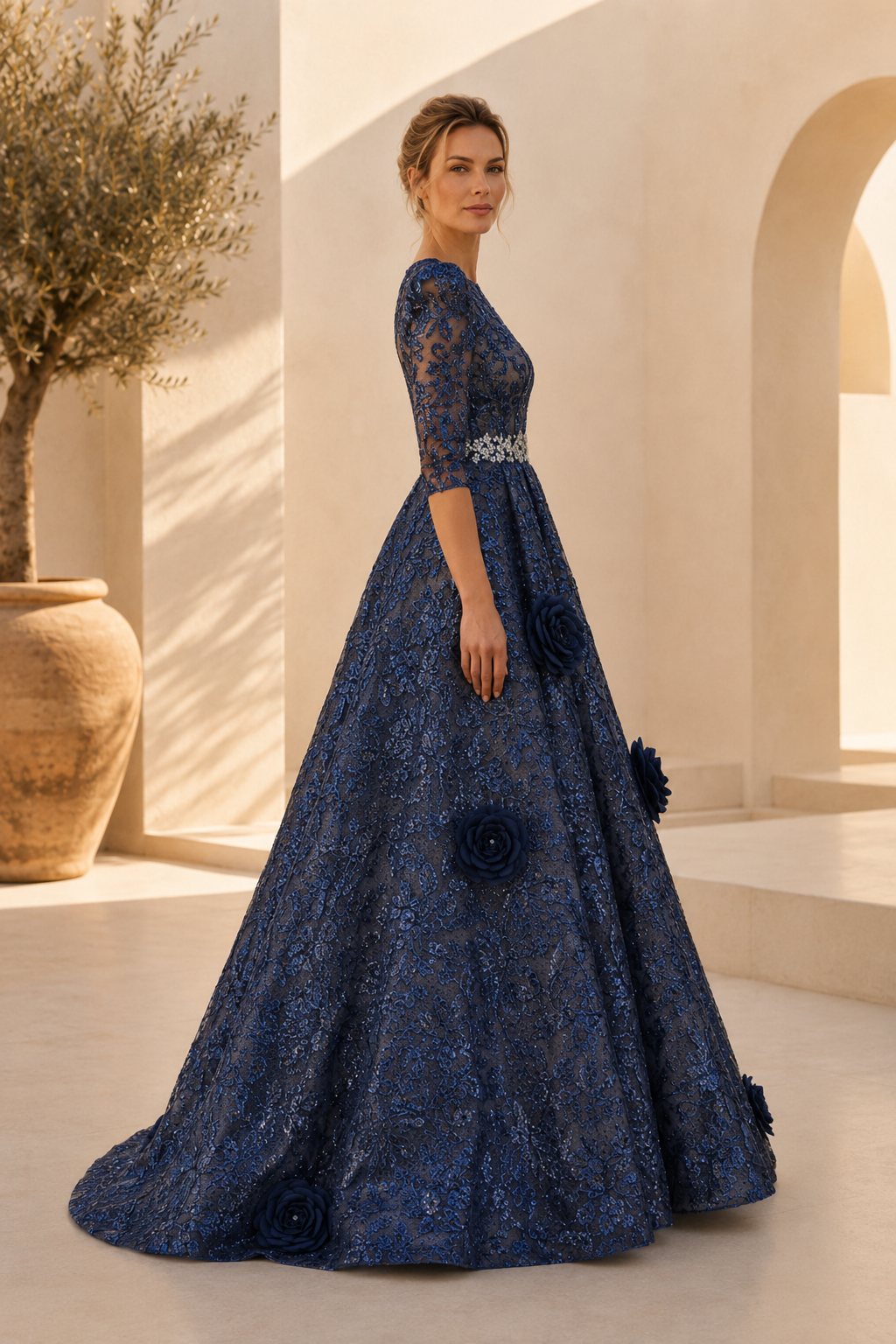 Vestido de encaje con apliques florales 3D y cintura con cuentas
