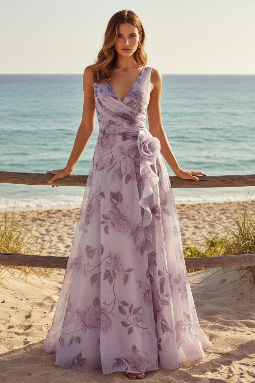 Vestido de noche formal cruzado de chifón floral con corte A