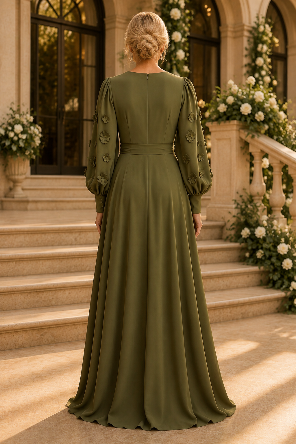 Vestido de noche cruzado corte A con mangas de flores 3D