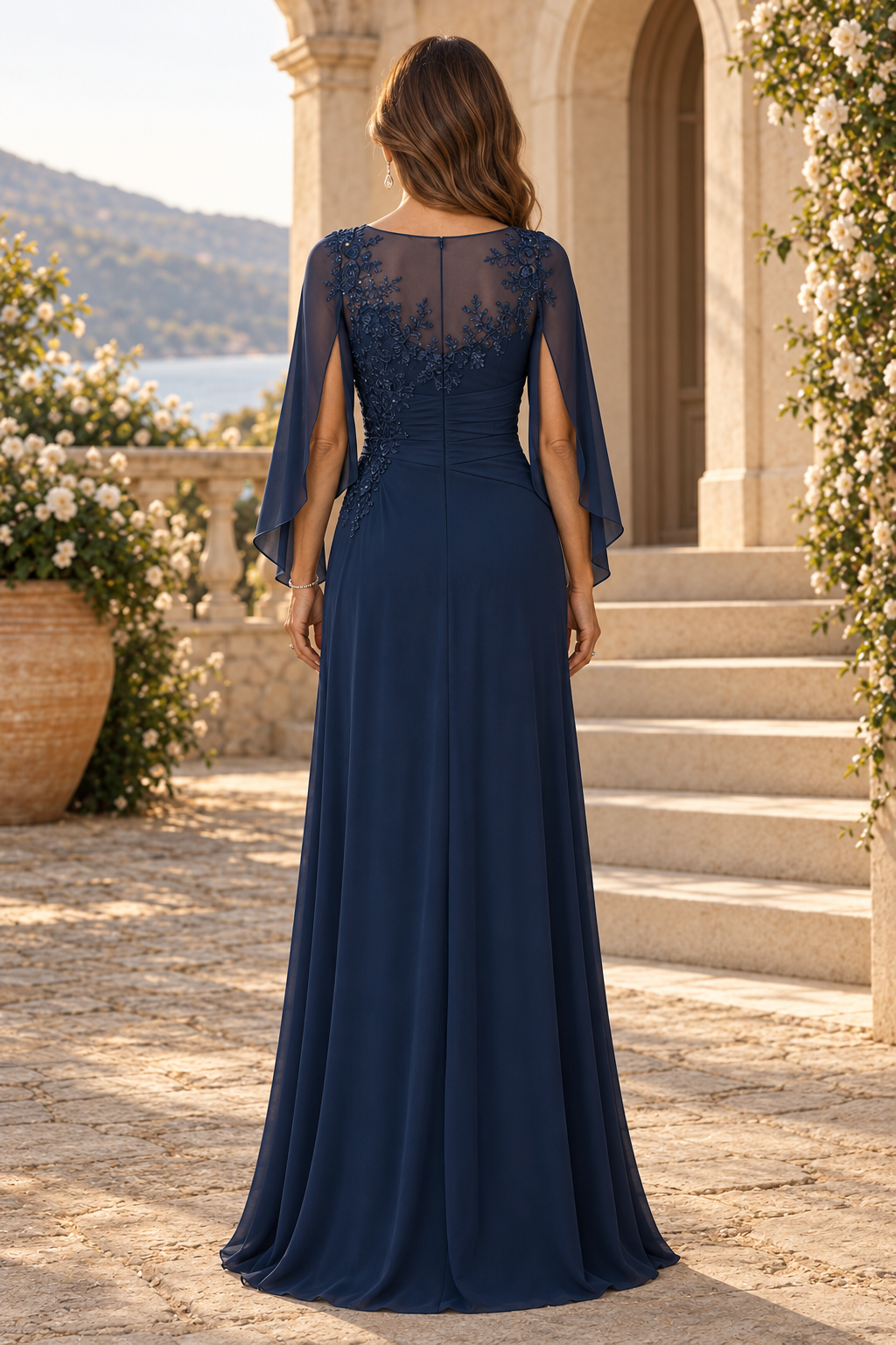 Vestido de Noche con Capa, Escote Ilusión y Aplicaciones
