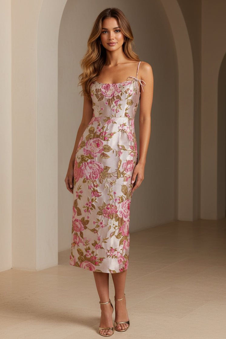 Vestido Midi de Tirantes Finos Jacquard Floral