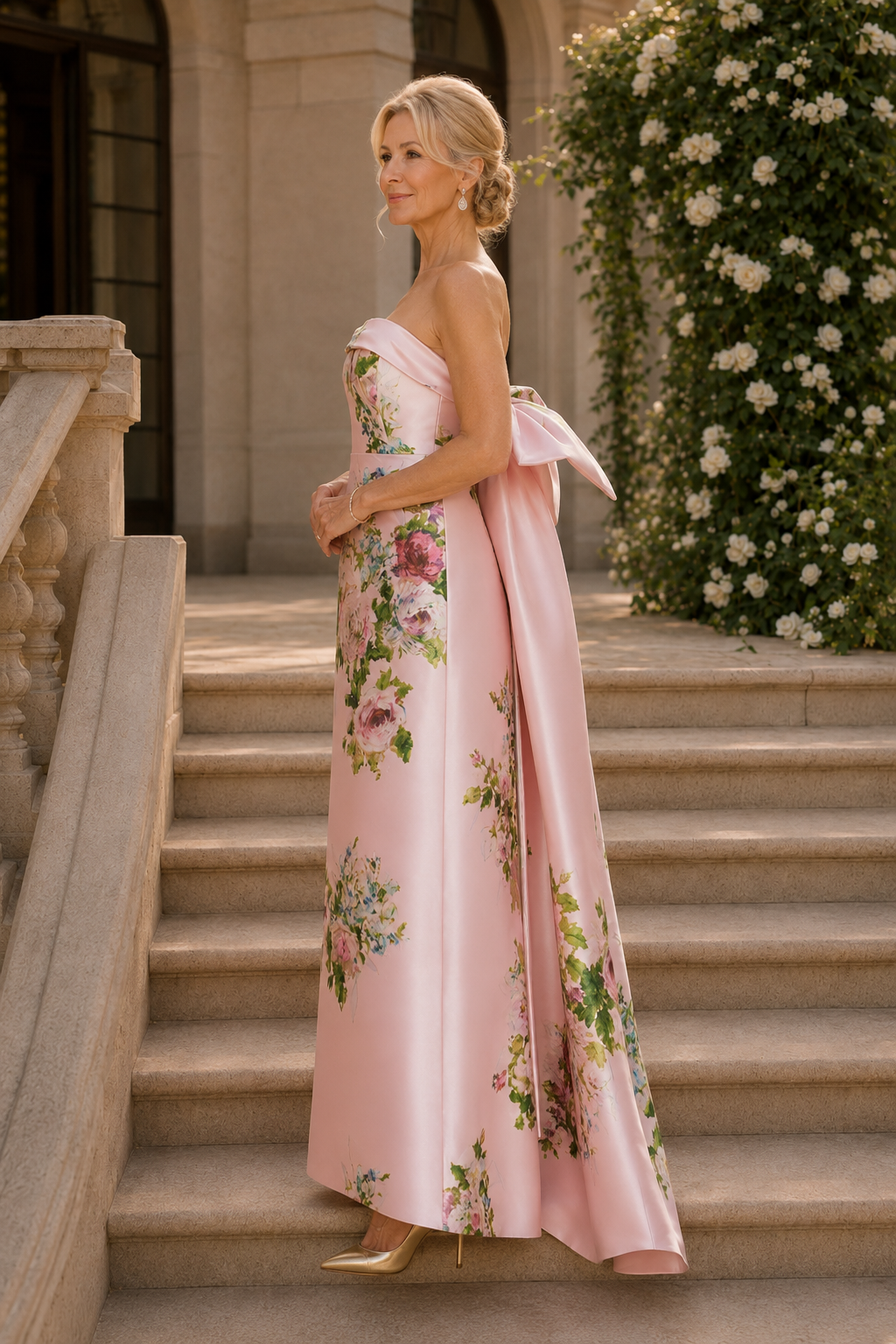 Vestido de noche de satén con estampado floral, sin tirantes, corte en A y lazo en la espalda