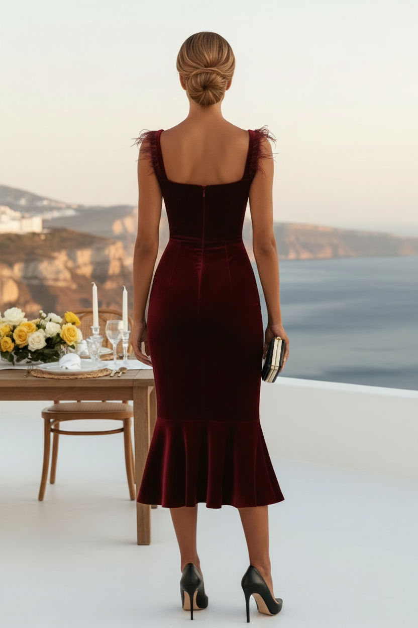 Vestido Midi de Terciopelo con Hombros de Plumas