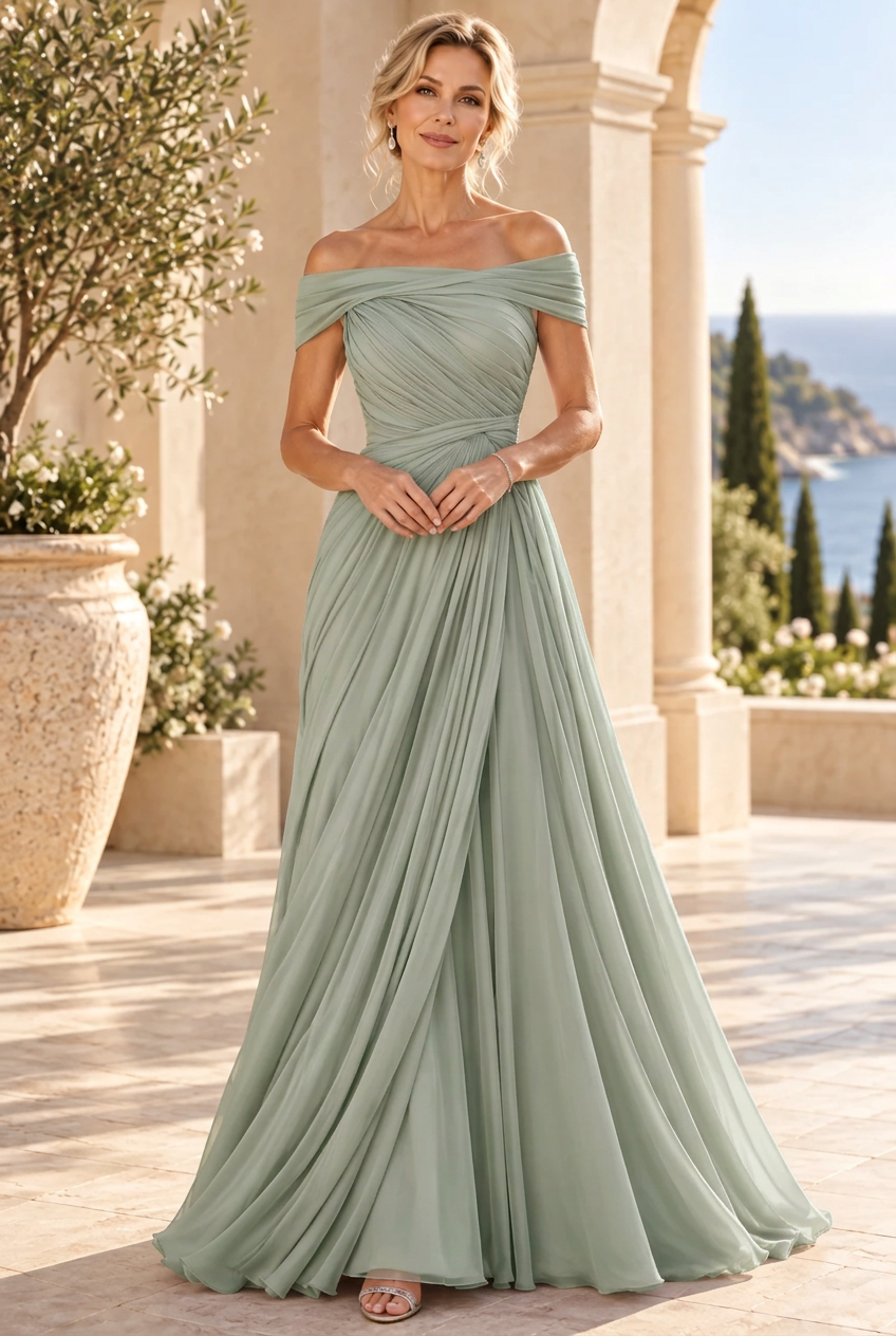 Off-the-Shoulder Pleated Chiffon A-Line Gown