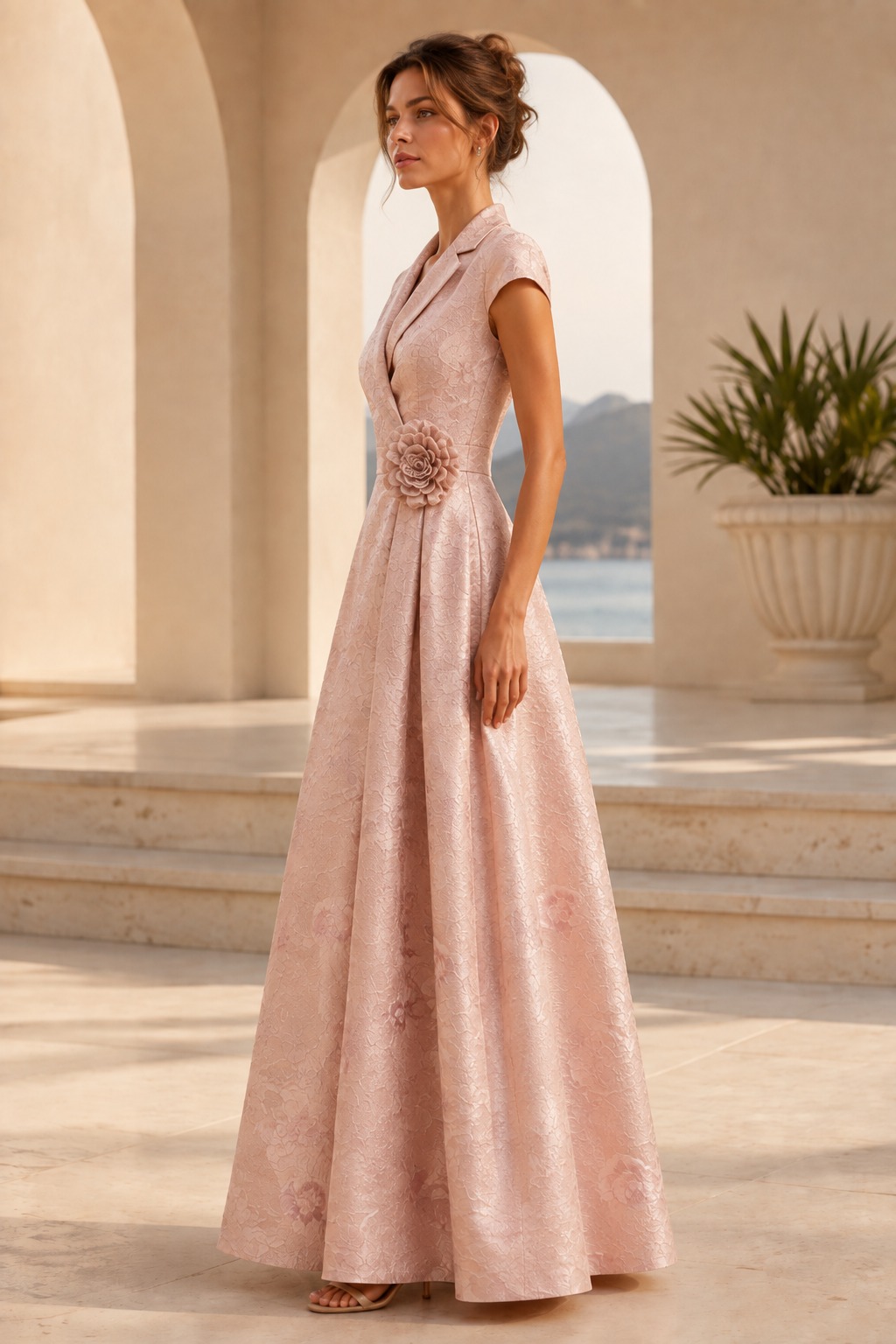 Vestido de Noche en Línea A con Brocado y Cuello, y Flores 3D