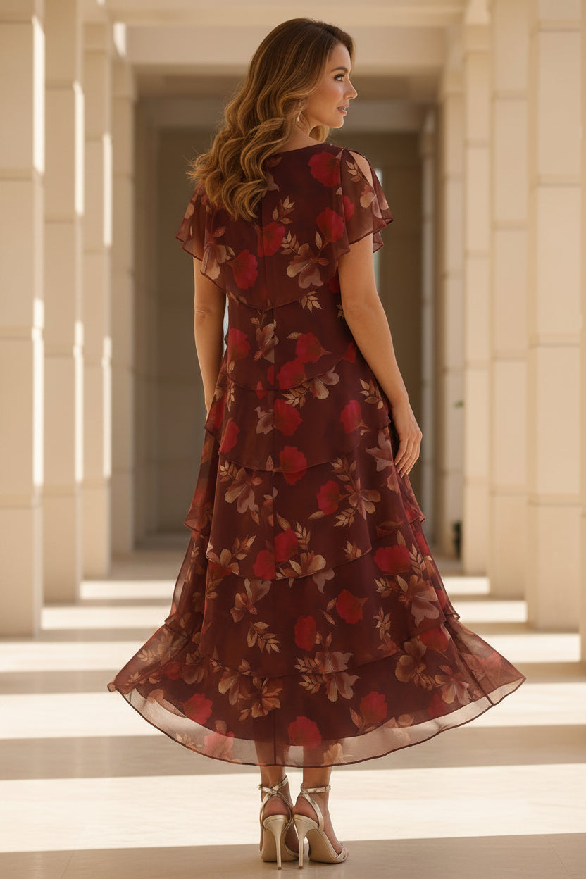 Vestido de chifón floral escalonado para la madre de la novia