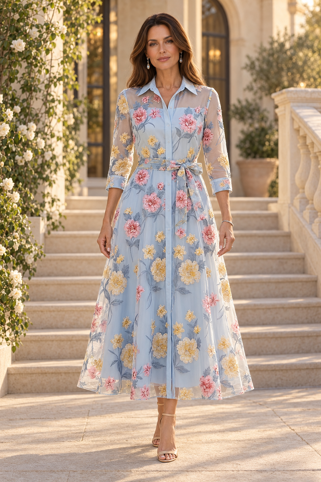 Embroidered Floral Shirt Dress with Belt