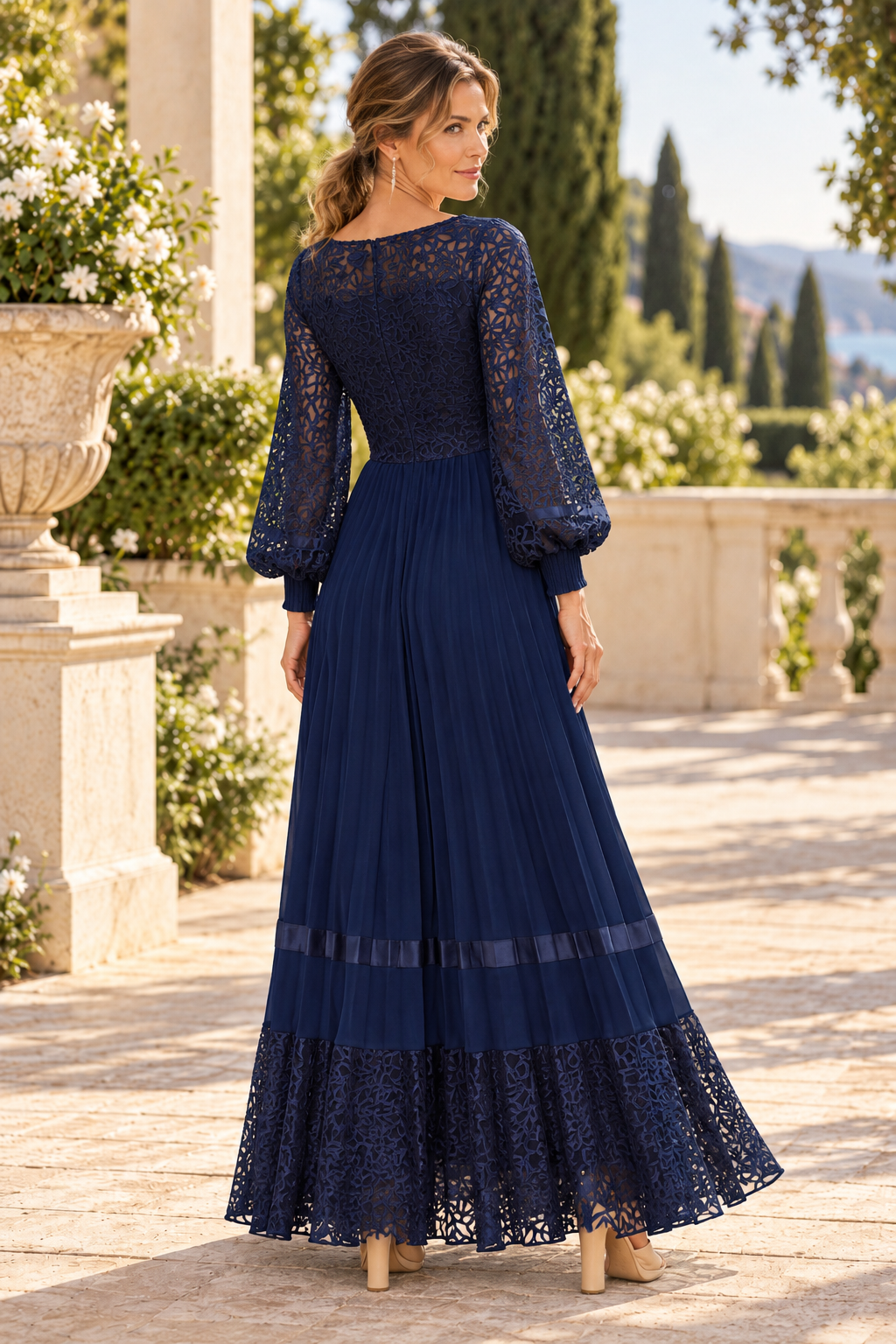 Pleated Maxi Dress with Lace Bodice and Sleeves