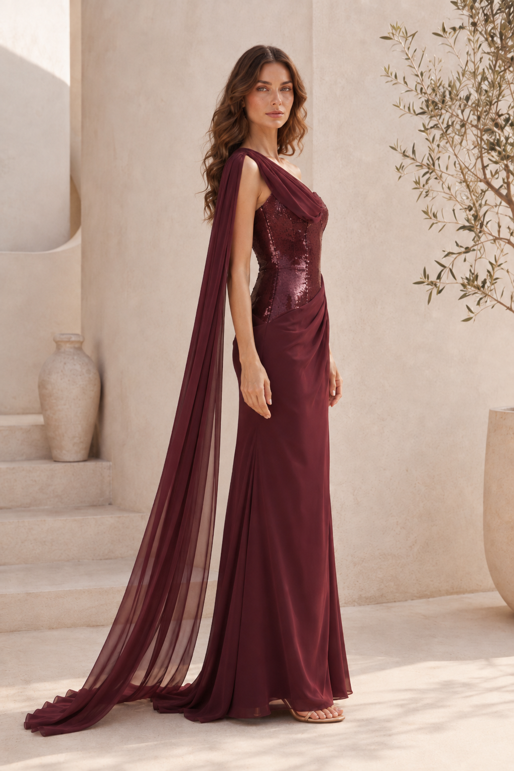 Vestido de noche corsé de lentejuelas con capa y un solo hombro