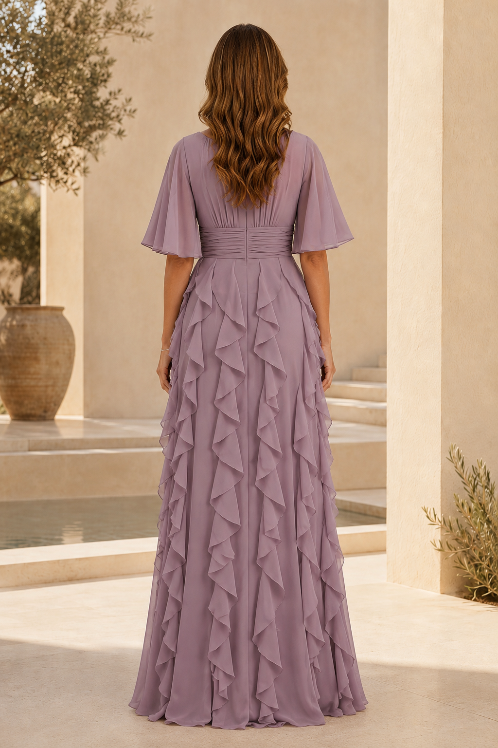 Vestido de noche de corte A con volantes escalonados y mangas con volantes