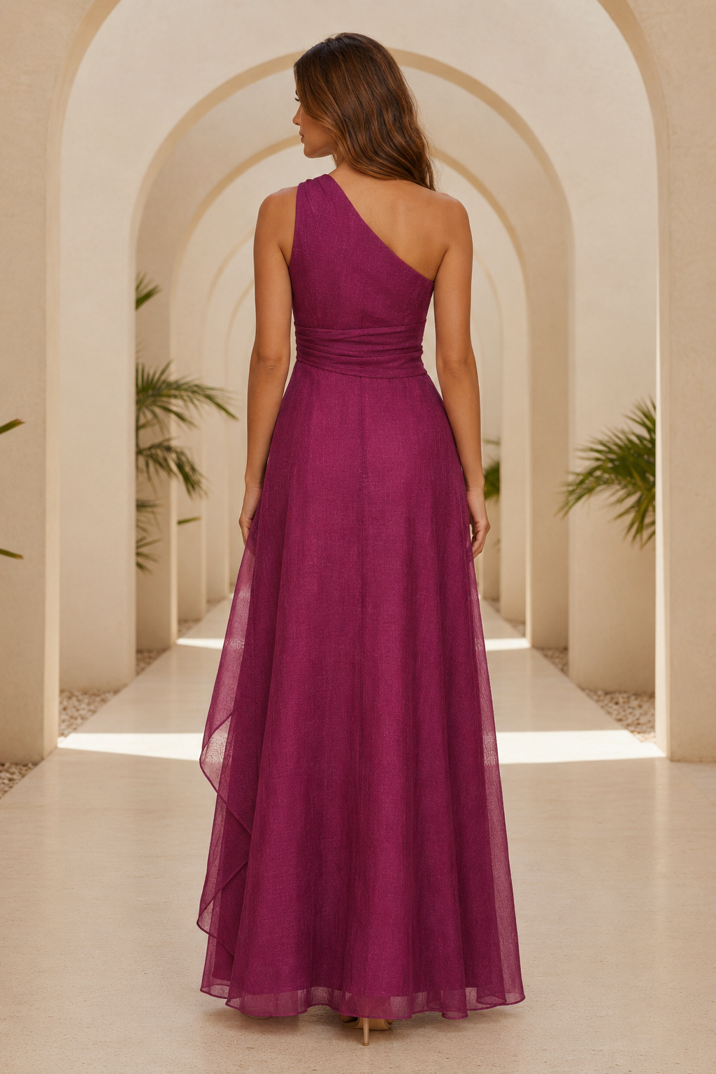 Vestido de noche largo con un hombro, cintura plisada y volantes, corte en A