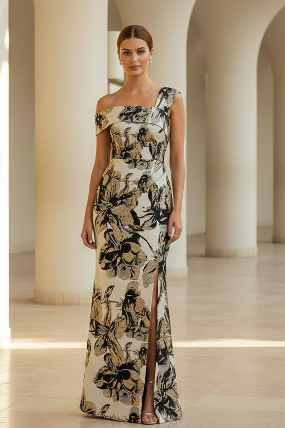 Vestido de noche largo jacquard floral con abertura y un solo hombro