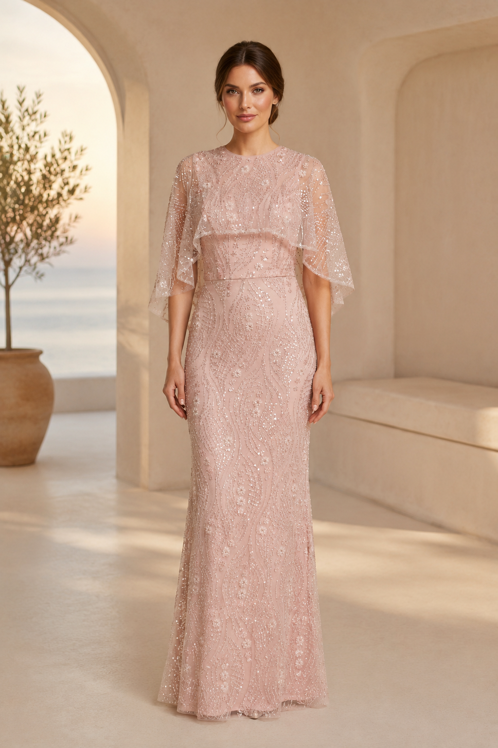 Vestido de sirena de lentejuelas con mangas de capa transparentes