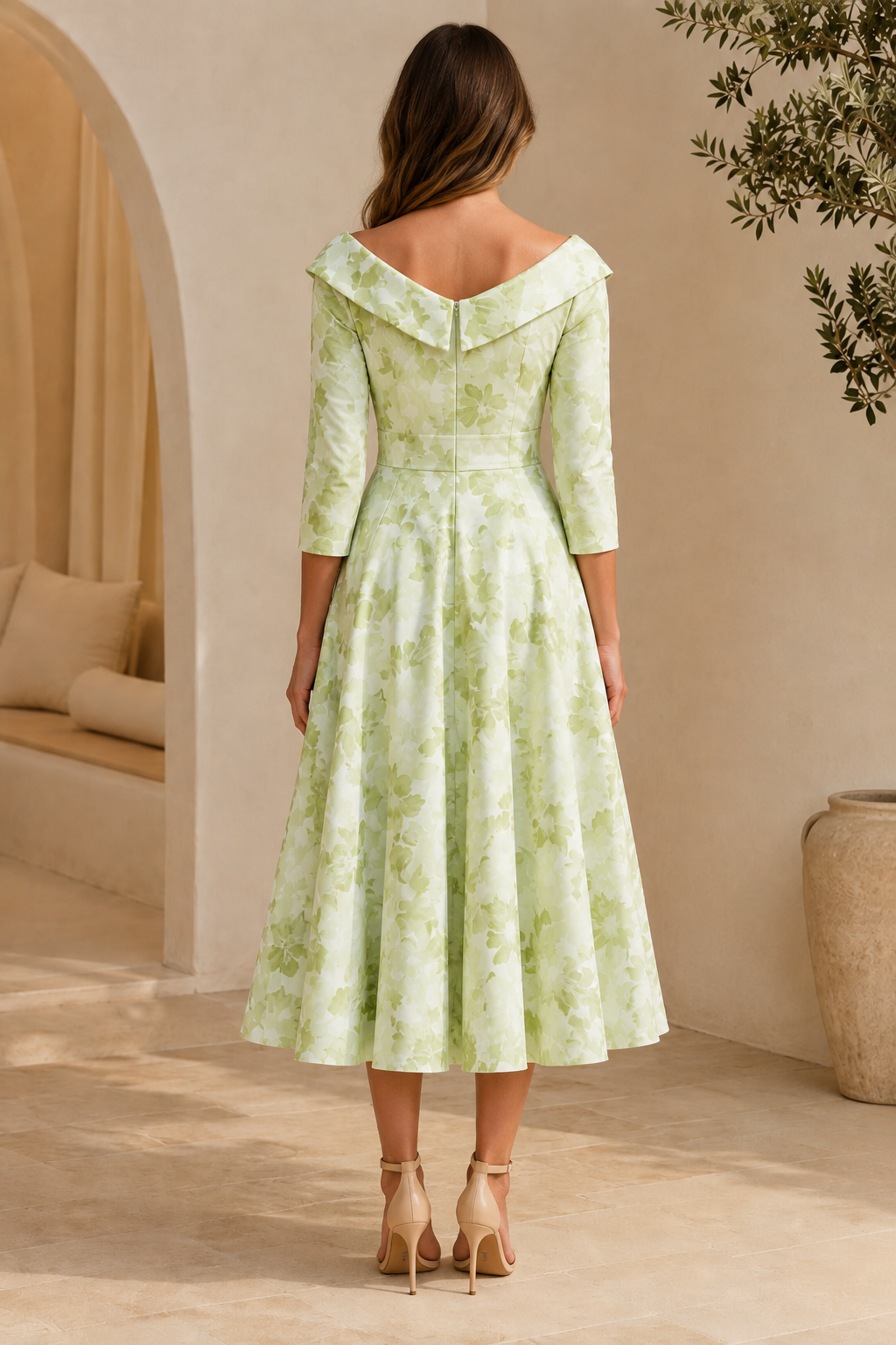 Vestido midi floral acampanado con hombros descubiertos y manga tres cuartos