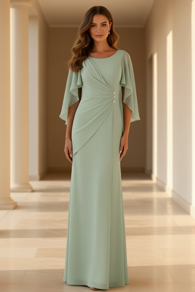 Elegante Vestido de Noche de Gasa con Columna y Capa