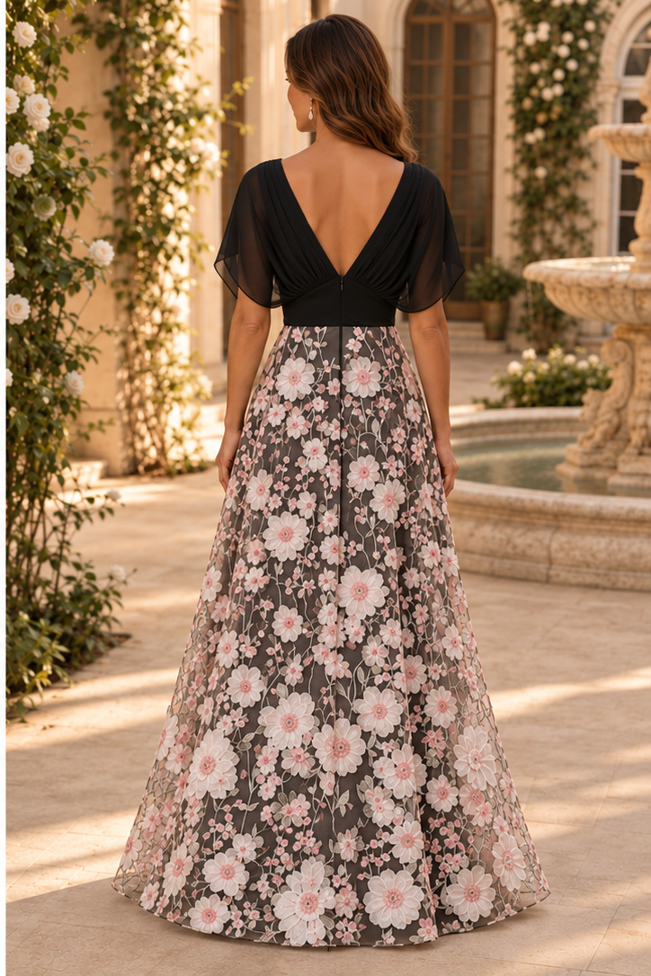 Vestido largo de corte A floral con cuello en V y manga con volantes