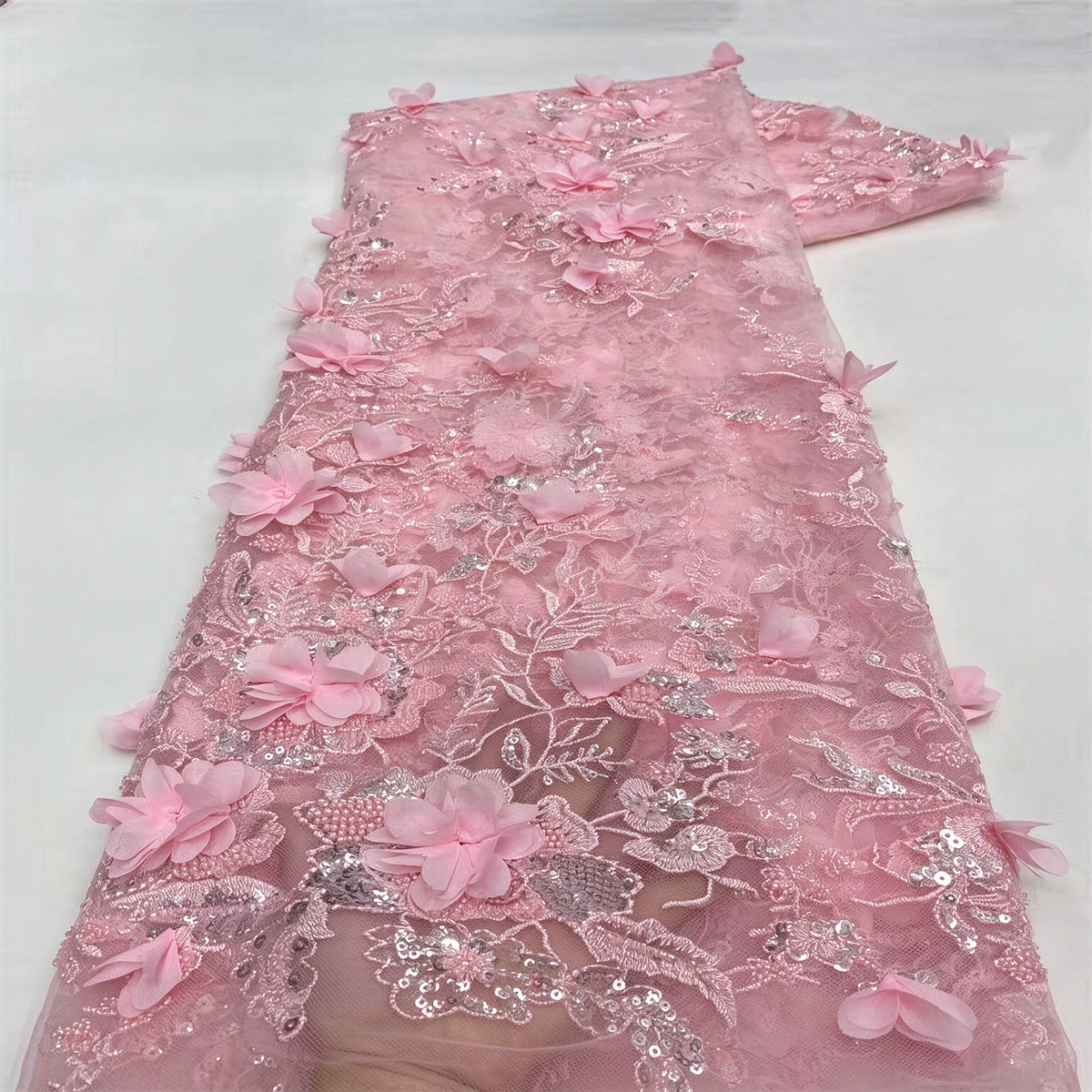 Vestido Largo de Novia Corte A de Encaje de Manga Larga con Aplicaciones Florales 3D