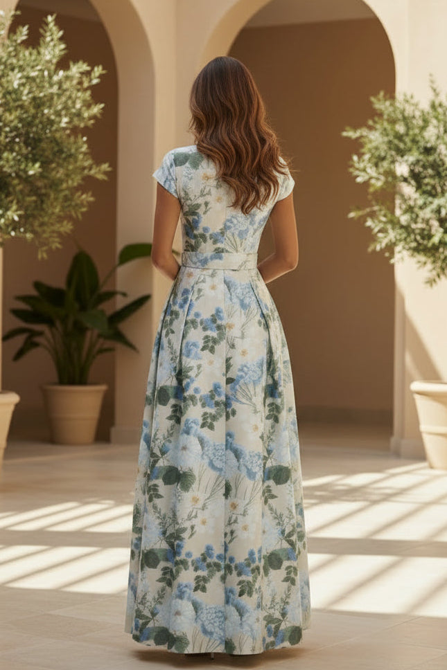 Maxi Vestido Acampanado de Jacquard Floral con Cinturón y Bolsillos