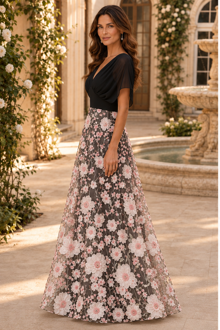 Vestido largo de corte A floral con cuello en V y manga con volantes